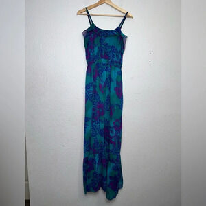 Express Women’s Size Small Teal Purple Floral Maxi Ruffle Sleeveless Dress